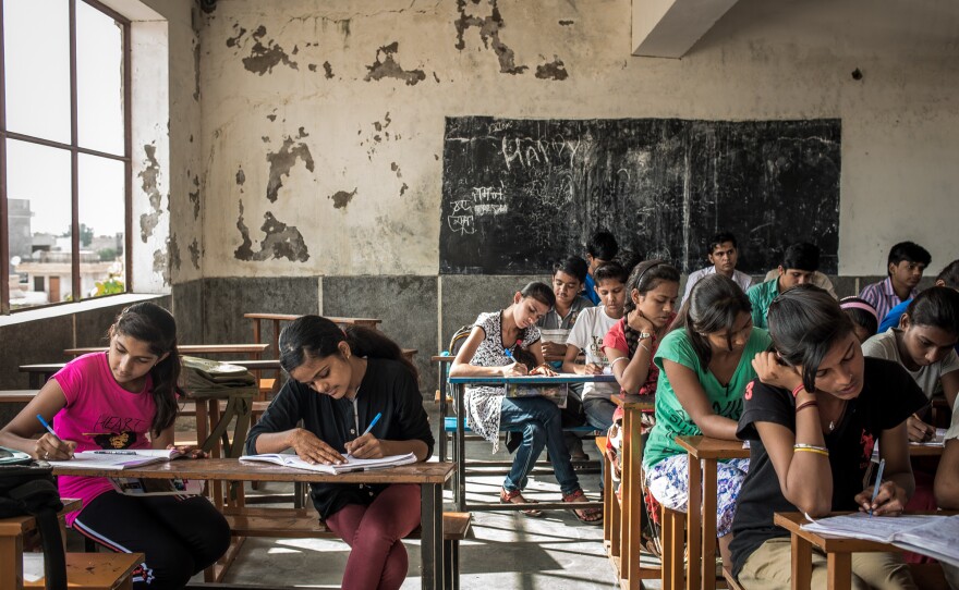 Girls study at a high school in the city of Jodhpur. Their tuition and board are paid for by a charity called the Veerni Institute. When the organization first tried to recruit students in Durga's village, Lumbaram was the only father to say yes.