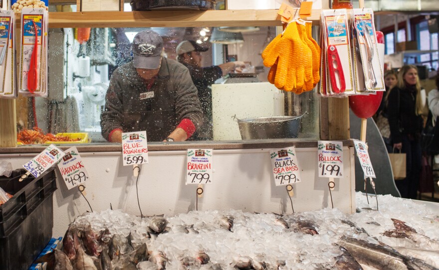 Sea bass, pollock, striped bass and other fish species are seen for sale at the Harbor Fish Market in Portland, Maine.