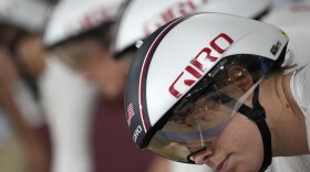 Jennifer Valente of Team United States competes during a qualifying heat for track cycling women's team pursuit at the 2020 Summer Olympics, Monday, Aug. 2, 2021, in Izu, Japan.