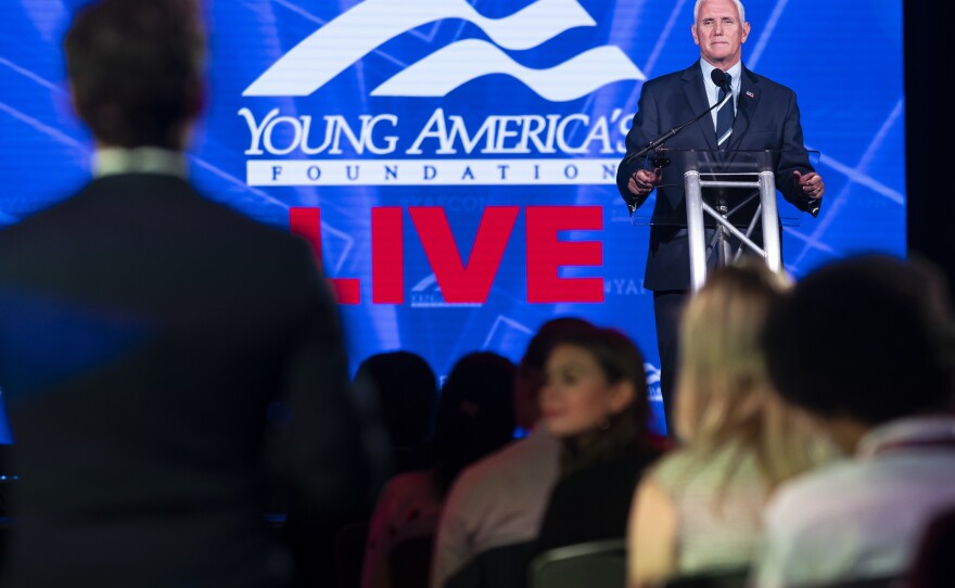 Former Vice President Mike Pence answers questions from the crowd during the Young Americas Foundation Student Conference on Tuesday in Washington, D.C.