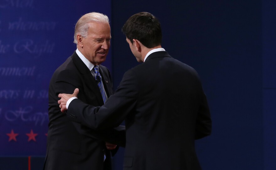 U.S. Vice President Joe Biden (L) shakes hands with Republican vice presidential candidate U.S. Rep. Paul Ryan (R-WI) (R) after the vice presidential debate at Centre College October 11, 2012 in Danville, Kentucky. This is the second of four debates during the presidential election season and the only debate between the vice presidential candidates before the closely-contested election November 6.