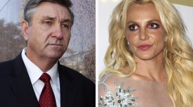 This combination photo shows Jamie Spears, left, father of Britney Spears, as he leaves the Stanley Mosk Courthouse on Oct. 24, 2012, in Los Angeles and Britney Spears at the Clive Davis and The Recording Academy Pre-Grammy Gala on Feb. 11, 2017, in Beverly Hills, Calif.