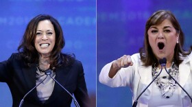 Kamala Harris, left, and Loretta Sanchez, right, both spoke before the California Democratic Party convention in San Jose,  Feb. 27, 2016.