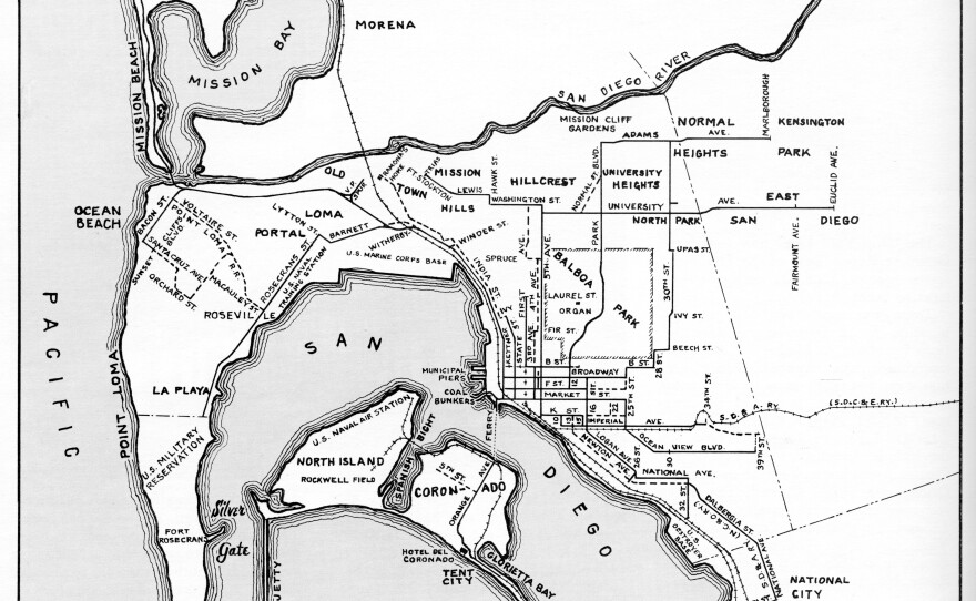 A map shows the San Diego Electric Railway Company's streetcar network in January 1925.