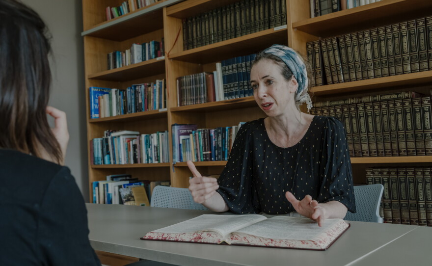Dr. Ruth Agiv, who sat for examinations administered by the Chief Rabbinate of Israel, attends a women's Torah study session at Matan in Raanana, Israel.