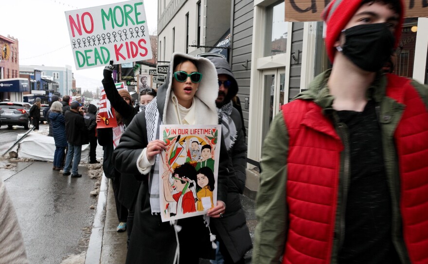 In this screengrab from video, Actress Melissa Barrera (green sunglasses) attends a pro-Palestine march hosted by Let Gaza Live on January 21, 2024 in Park City, Utah. The protest took place during the Sundance Film Festival.