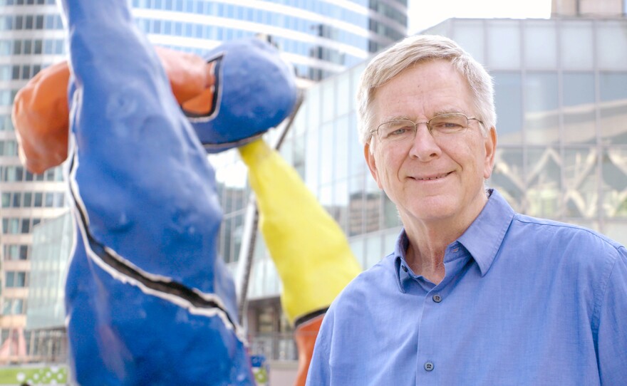 Rick Steves and Two Fantastic Characters (1976) by Joan Miró, in La Défense, Paris.