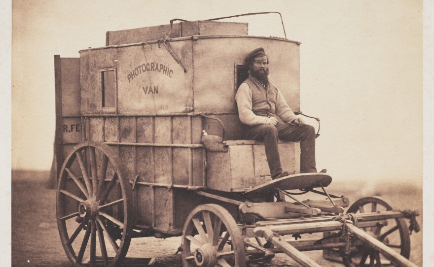 Roger Fenton, <em>The Photographer's Van with Marcus Sparling in the Crimea</em>, 1855. Salt print from wet-collodion-on-glass negative, image: 6 7/8 x 6 1/4 in. sheet: 11 5/8 x 9 13/16 in.
