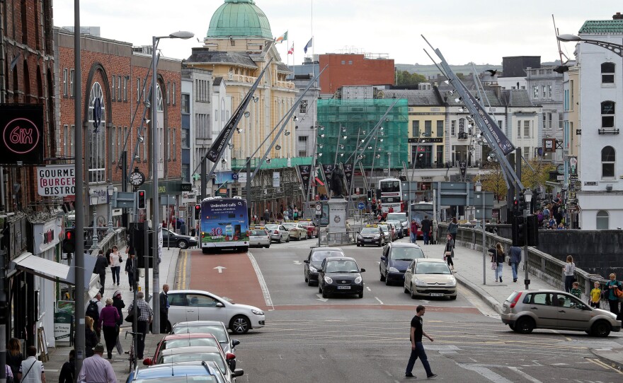 Traffic on the streets of Cork city center in southern Ireland.