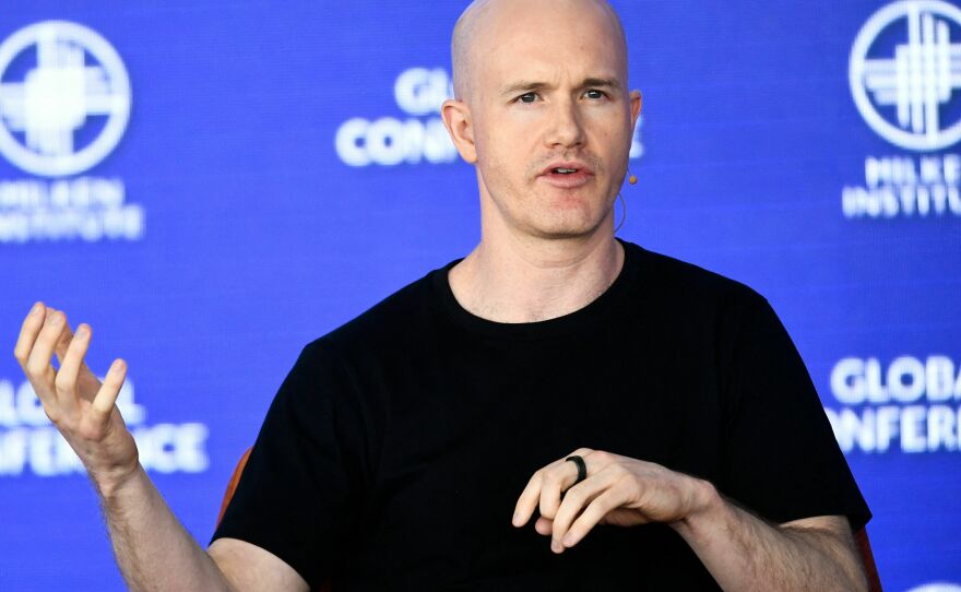 Brian Armstrong, CEO and Co-Founder, Coinbase, speaks during the Milken Institute Global Conference in Beverly Hills on May 2, 2022. The SEC is also suing the U.S. crypto trading platform, alleging securities violations.