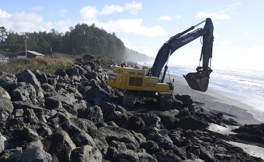 This sea wall protects the Quinault Indian Reservation at the mouth of the Quinault River. In March, a state of emergency was declared by the tribe when waves crashed over the wall.