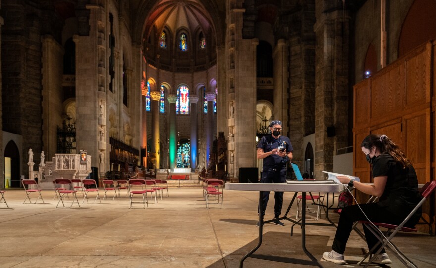 The waiting area of a pop-up vaccination site at the Cathedral of St. John the Divine in New York City sits empty as the rush for vaccinations winds down on June 27, 2021.