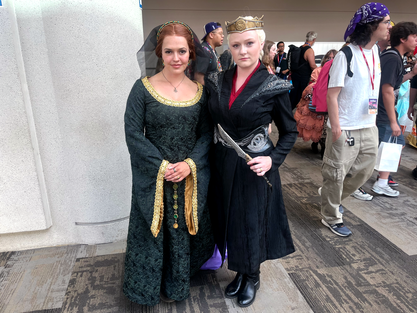 Friends cosplay as Alicent Hightower and Rhaenyra Targaryen from "House of the Dragon" at Comic-Con on July 25, 2026.