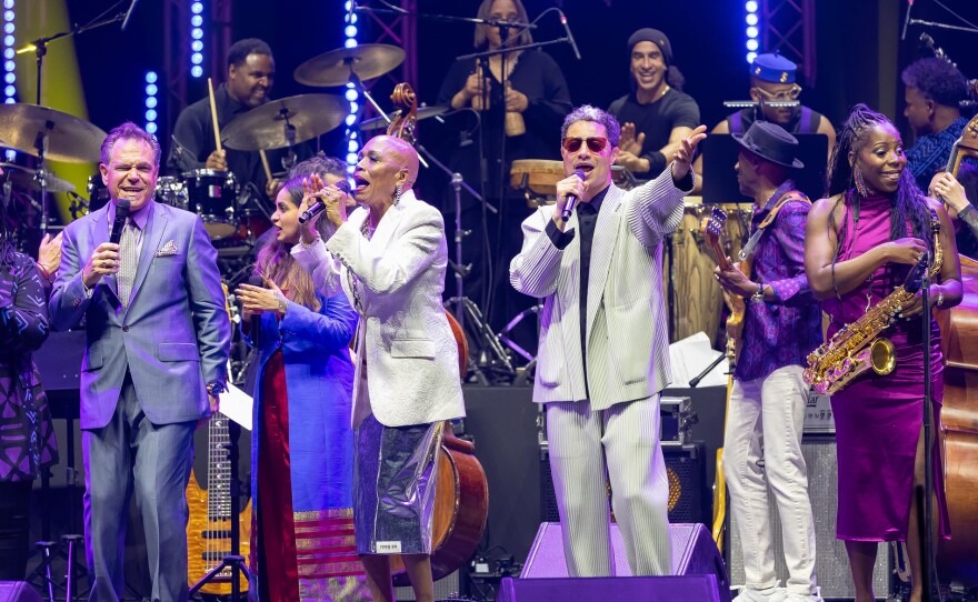 (Front row) Kurt Elling, Varijashree Venugopal, Dee Dee Bridgewater, José James, and Tia Fuller; (back row) Kendrick Scott, Teri Lynne Carrington, Rhani Krija, Marcus Miller, Etienne Charles, and David Sánchez perform “Imagine” to close International Jazz Day in Abu Dhabi, U.A.E.