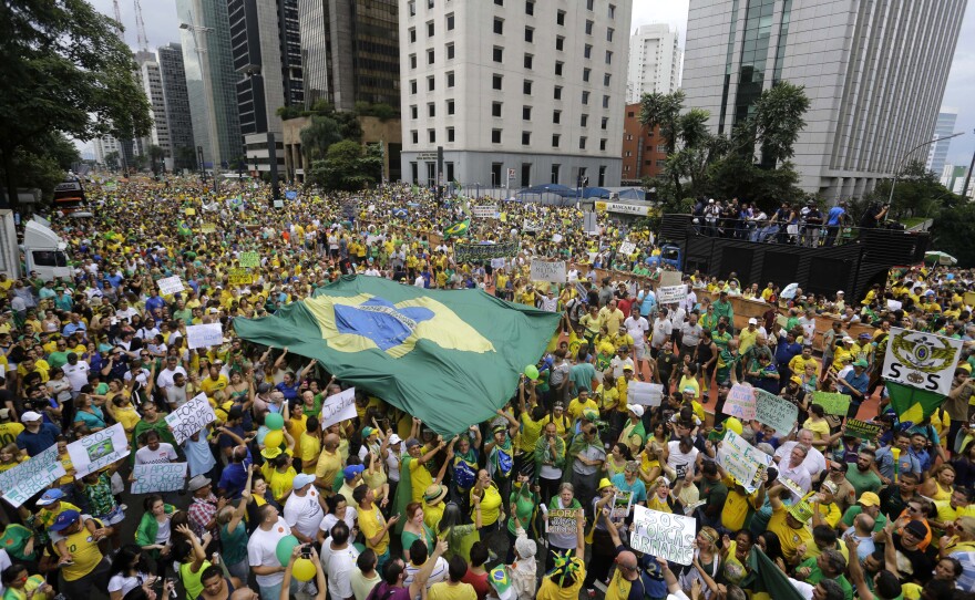 Demonstrators march to demand Rousseff's impeachment in Sao Paulo, Brazil, on Sunday.