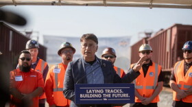 Ian Choudri, CEO of California High Speed Rail, speaks during a press conference on the high-speed rail project at the Wasco Rail Yard facility in Wasco on Feb. 3, 2026.