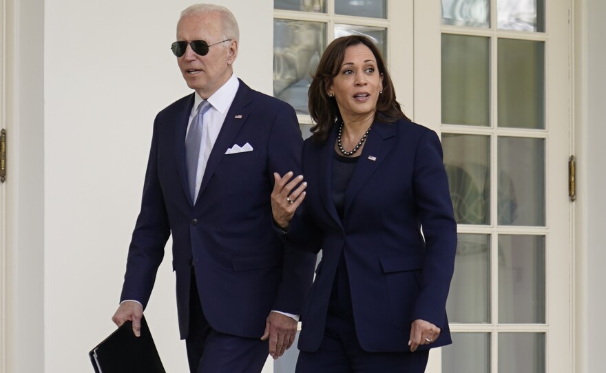 President Joe Biden and Vice President Kamala Harris walk to the Oval Office after an event in the Rose Garden on April 11, 2022.