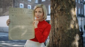 Lucy Worsley with the Declaration of Independence at Grosvenor Square.