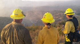 Three firefighters stand watch as crews from the air and ground fought the Wildcat fire near Lakeside, June 17, 2015.
