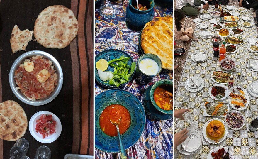 The dastarkhaans (dining rugs) of Afghan families are often "bare and empty," says Zahra Fayezi, whose mat (right) is prepared for a guest. Center: Roqia Ibrahimi says a full mat for meals is "a matter of happiness and pride" but "rare" in current times when more people are going hungry. The mat at left belongs to Yahya Rasa, who says potatoes and lentils are taking the place of fancier fare.
