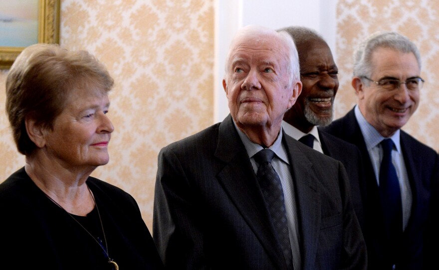 Former U.S. President Jimmy Carter and other members of the Elders group attend a meeting with Russian Foreign Minister Sergey Lavrov in Moscow in April 2015. The Elders group comprises global leaders who advocate for peace, justice and human rights — goals that Carter spent a lifetime pursuing after leaving the presidency.