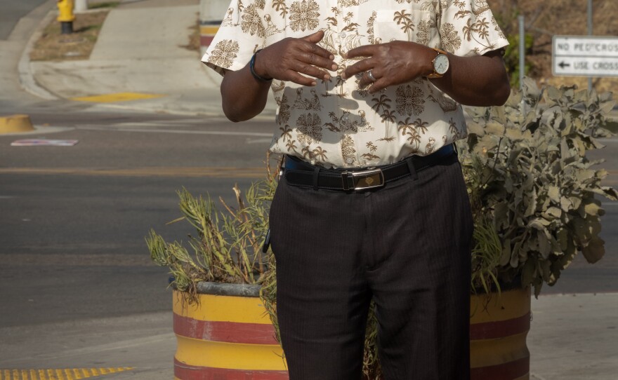 Gere Hido, who has been battling to get back access to his unemployment benefits since mid-October, on a corner in City Heights on November 19th, 2020