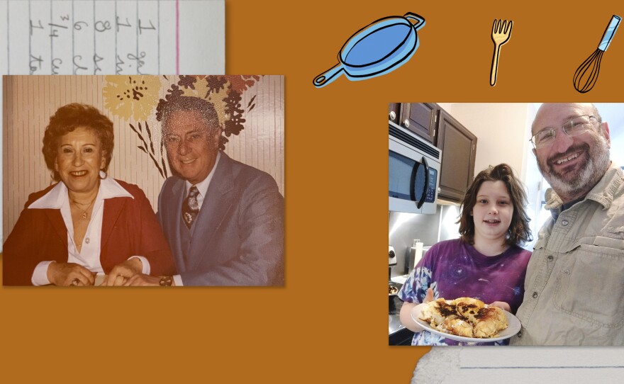 Left: A family photo of Alan Mishell's grandparents, Florence and Sam Mishell. Right: Alan and his son holding bubaleh they prepared together.