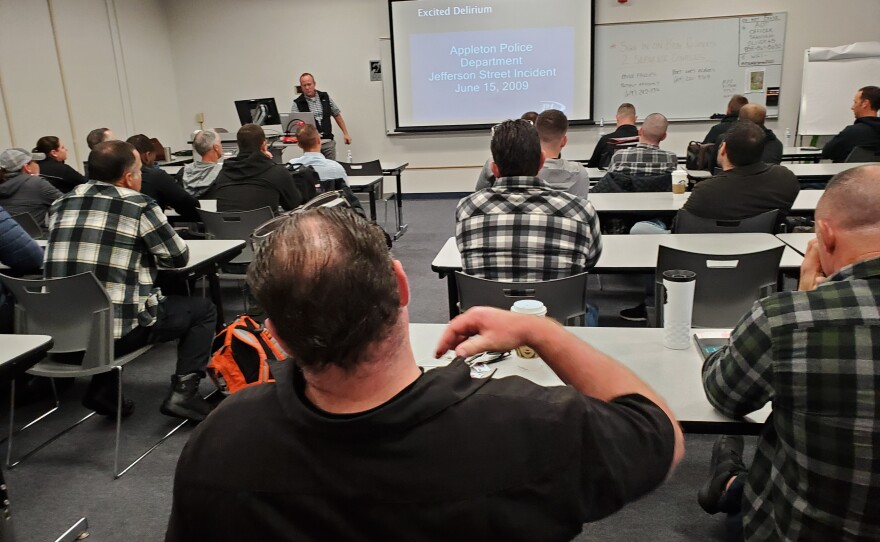 San Diego police officers take a de-escalation training course run by the San Diego District Attorney's Office, March 13, 2020.