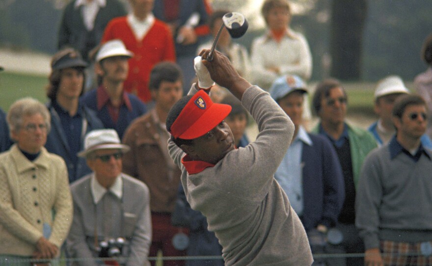 Lee Elder (shown here playing at the Masters in 1975) turned pro in 1959, joining the United Golf Association, a tour specifically for African American golfers who were prohibited from the PGA Tour due to its "Caucasian only" clause.