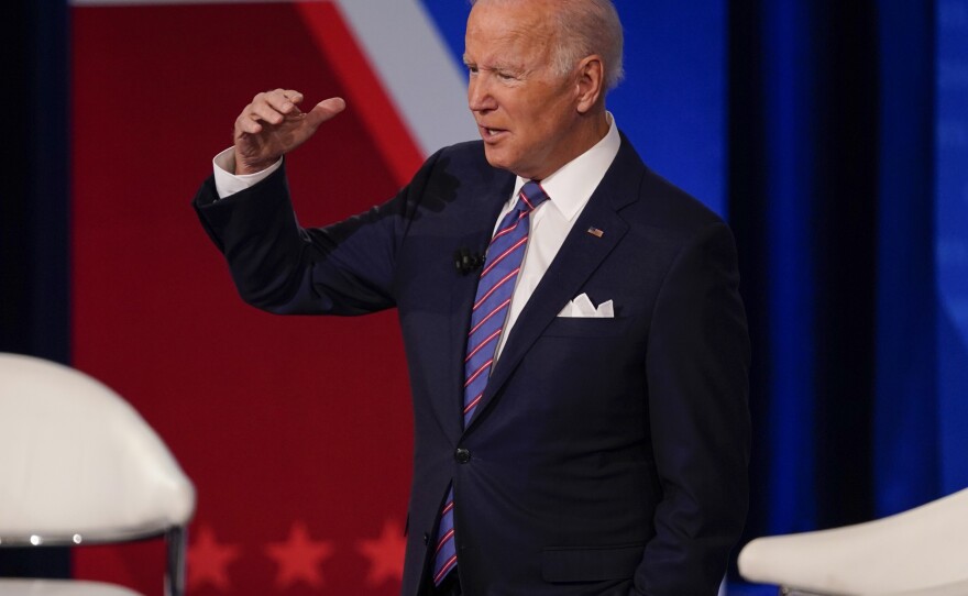 President Biden participates in a CNN town hall at the Baltimore Center Stage Pearlstone Theater, on Oct. 21. When asked whether the U.S. would protect Taiwan if China attacked, he said the U.S. has a "commitment" to do so.