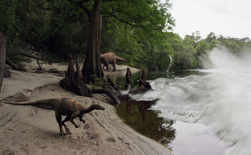Landscape VFX shot of dinosaurs on Tanis sandbank as a huge surge wave approaches.