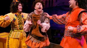 Colleen Kollar Smith (Beatrice), Geno Carr (Truffledino) and Lance Arthur Smith (Florindo) in "The Servant of Two Masters" at Lamb's Players Theatre. 