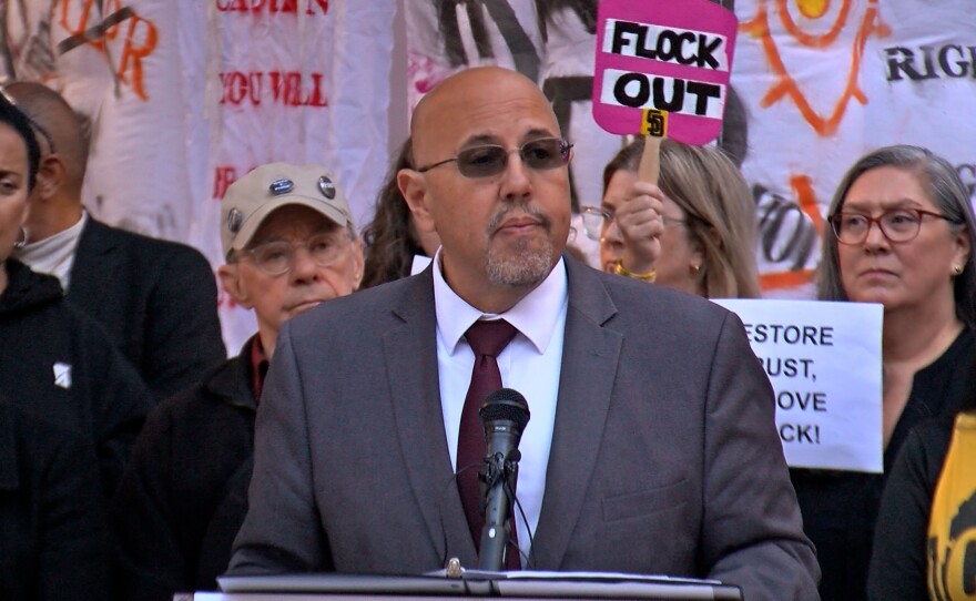 San Diego City Councilmember Henry Foster III addresses supporters and the media at Civic Center Plaza on December 4, 2025.