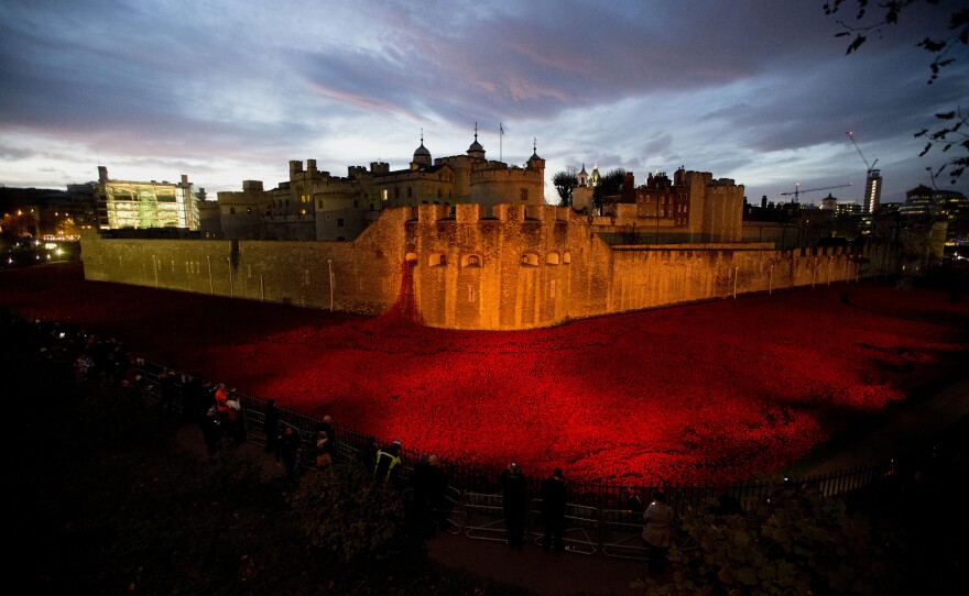 The nearly completed ceramic poppy art installation at sunrise on Tuesday.