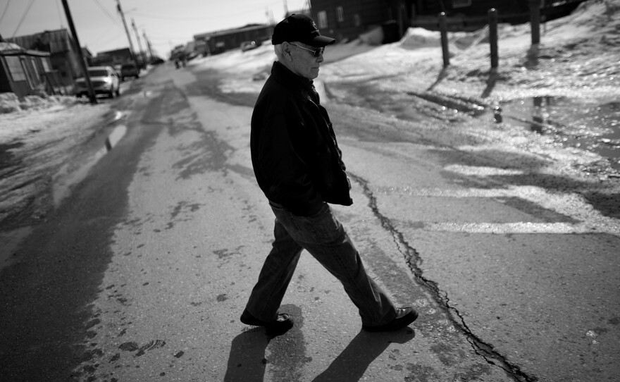 Laban Iyatunguk, who served in the ATG, or "Eskimo Scouts," walks away from the Veterans of Foreign Wars hall in Nome, where VA officials from Washington, D.C., were trying to register ATG vets. Iyatunguk says he has waited years to take advantage of his VA benefits but says the agency has been unresponsive.