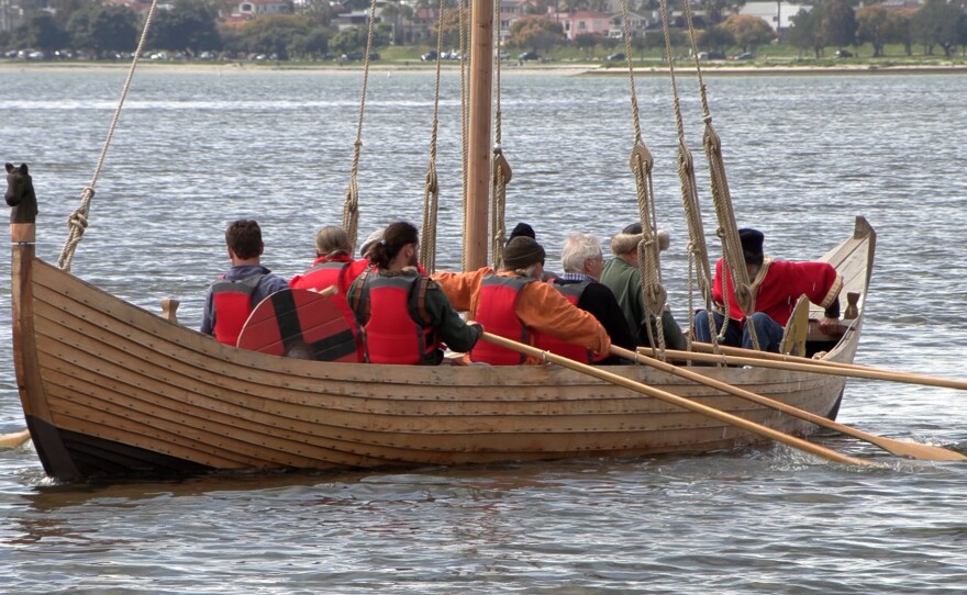 Tom Kottmeier, his friend Ivar Schoenmeyr, and a group of Viking re-enactors rowed his hand-built Viking ship around Mission Bay, March 13, 2023.