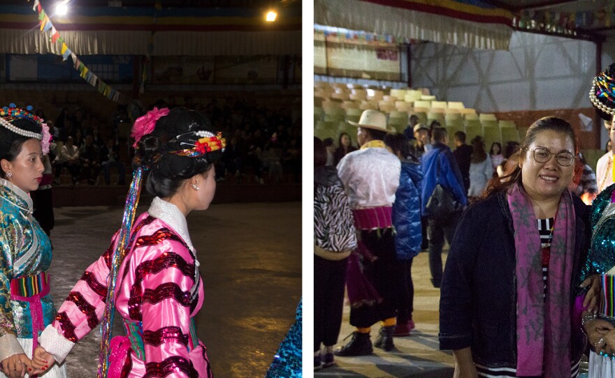 (Left) In the most developed village of Luoshui, every family sends a member to a sort of nightly barn dance for tourists, and gets a cut of the ticket sales. (Right) Nazhu Zhuoma poses with a tourist for a photo after the performance.