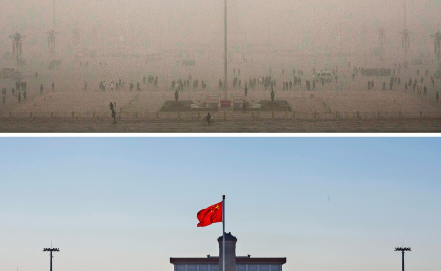 China's air pollution is legendary. Tiananmen Square, in Beijing, experienced what officials called its worst smog of the year on Dec. 1 (top), until a strong north wind dispersed the air pollution 24 hours later (bottom).