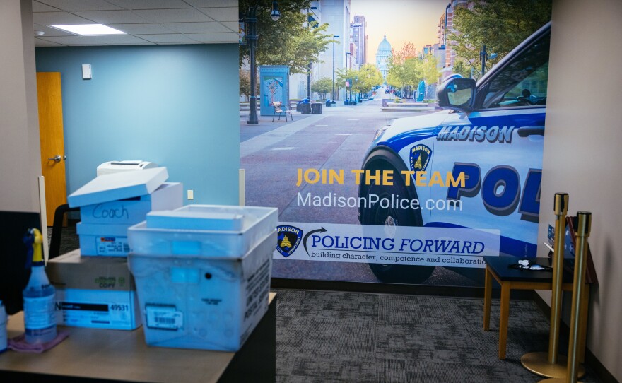 A recruitment sign in the lobby of the Madison Police Department training center.