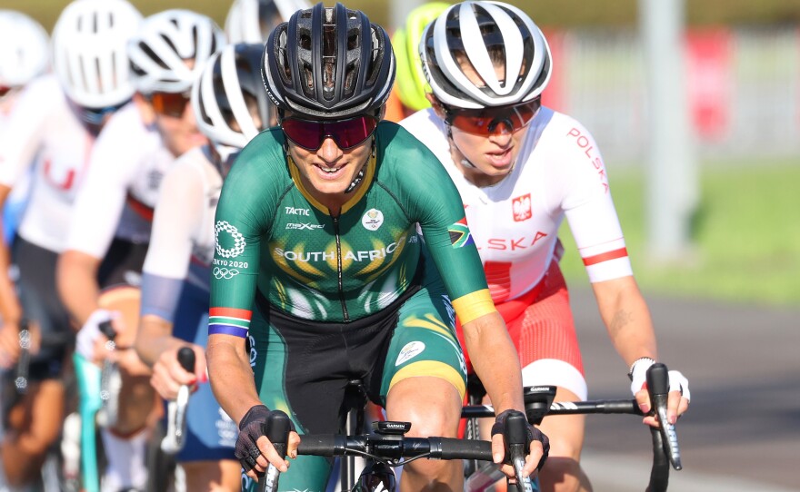 Ashleigh Moolman-Pasio of Team South Africa leads the peloton during the women's road race on the second day of the 2020 Olympic Games at Fuji International Speedway on July 25, 2021 in Oyama, Shizuoka, Japan.