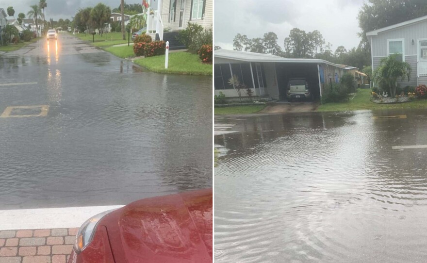 Recent flooding at the Heritage Plantation mobile home park. Resident Kathy Paris says she took the photos on July 17th, 2022 after a hard rain. One (left) shows flood water sitting on top of a storm drain grate near the entrance to the park. Paris estimates the flooding was at least 6 inches deep on some streets in the park.