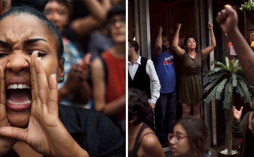 (Left) A protestor shouts slogans as they march from Manhattan to Brooklyn in New York City on Friday. (Right) Protesters march and shout slogans as bystanders express their support in New York City on Friday. About 300 people took to the streets of New York City to protest the recent police shootings in Louisiana and Minnesota.