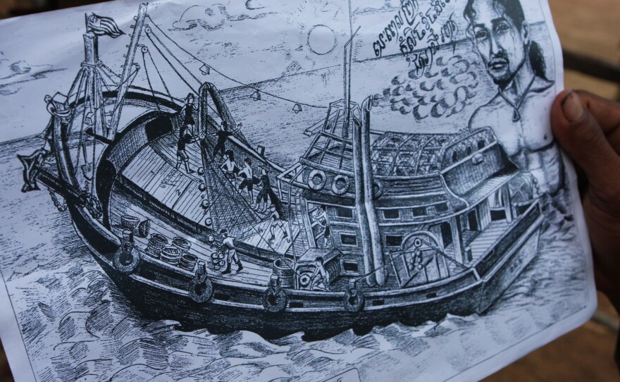 Prum drew this picture of the Thai boat on which he was held and forced to work as a fisherman.