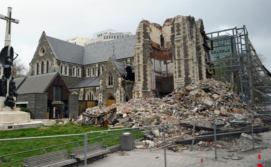 The badly damaged Christchurch Cathedral is pictured on Sept. 7, 2011 during a tour given to foreign journalists visiting the city ahead of the rugby 2011 World Cup. England rugby manager Martin Johnson and several members of the playing squad visited the city to see the stadium and the city center which were damaged by an earthquake in February.