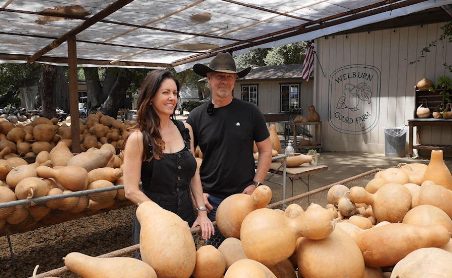 New owners, Daniel Mole and Jaime Weber, at Wellburn Gourd Farm in Fallbrook.