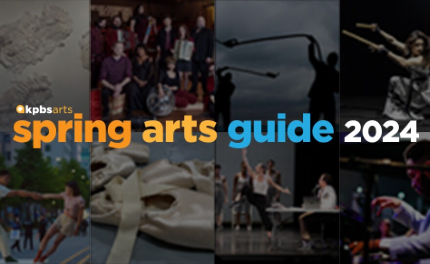 A collage of photos of different arts and culture events with the KPBS arts logo and the words Spring Arts guide 2024 overlaid.