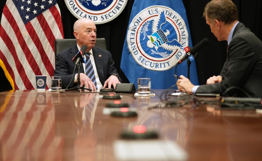 Homeland Security Secretary Alejandro Mayorkas talks with NPR's Morning Edition Wednesday, May 8, 2024, at the department's headquarters in Washington, D.C.