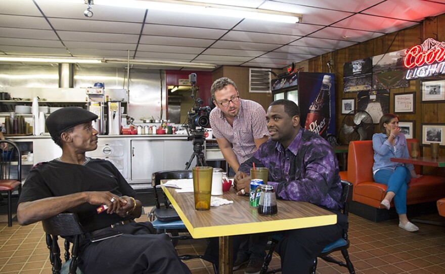 Shooting "True Conviction" at Hickory House BBQ in Dallas – from left to right, Johnnie Lindsey, director Jamie Meltzer, and Christopher Scott.