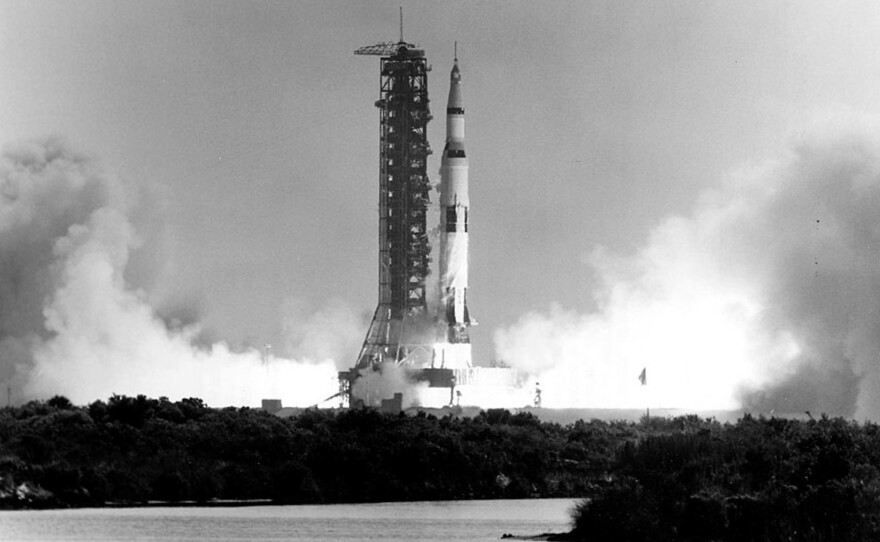 The Apollo 11 Saturn V lifts off with astronauts Neil Armstrong, Michael Collins and Edwin "Buzz" Aldrin Jr. on July 16, 1969, from the Kennedy Space Center's Launch Complex 39A in Florida.