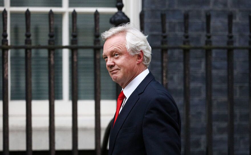 David Davis arrives to be named as Brexit Chief after a meeting with U.K. Prime Minister Theresa May on Wednesday.